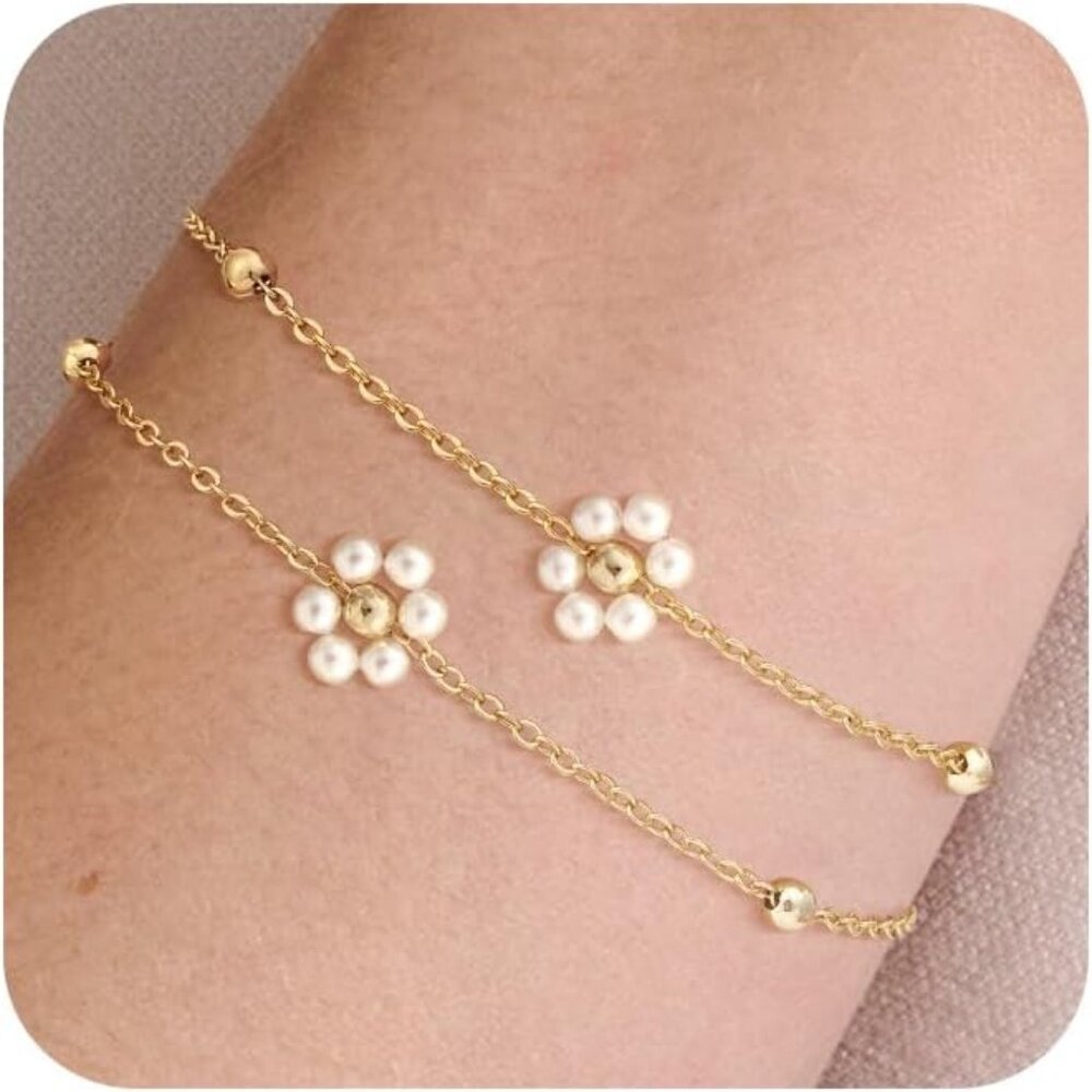 Gold Pearl Bracelets for Women,14K Gold Plated Bracelets Dainty Pearls Beaded Li